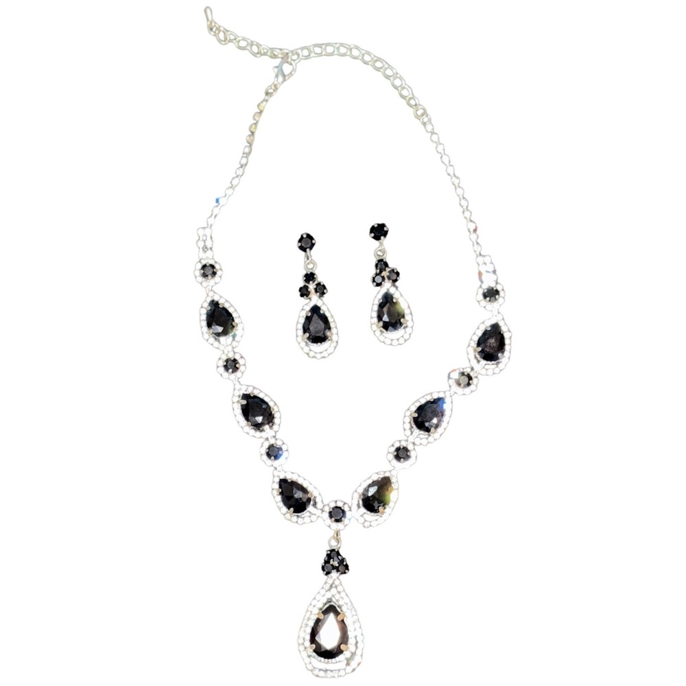 Elegant Black Teardrop Crystal Necklace and‎ Earrings Set